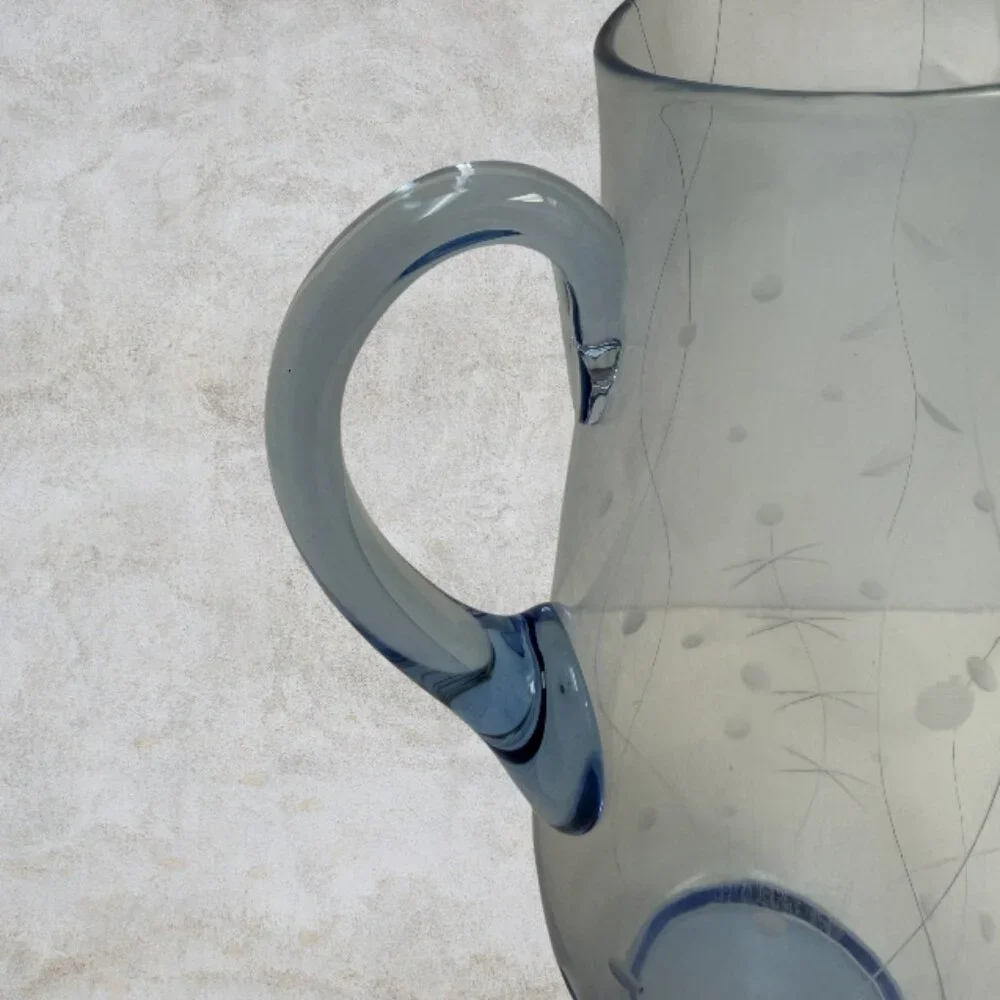 VINTAGE PITCHER -- Blue Glass, Circa 1980, Etched Glass Carafe, Tea/Juice/Water